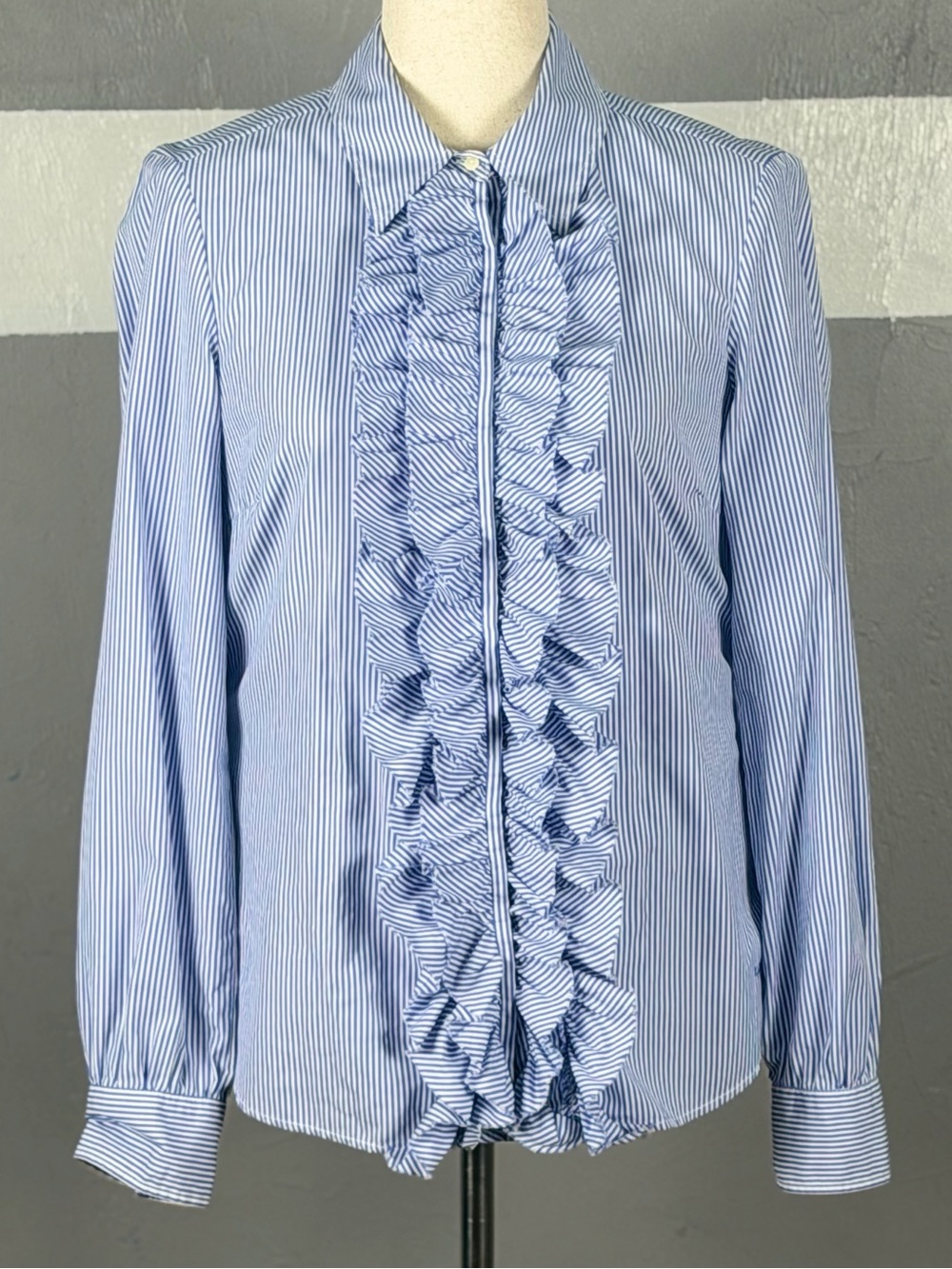 Tommy Hilfiger Light Blue Striped Ruffle Front Button-Down Shirt
